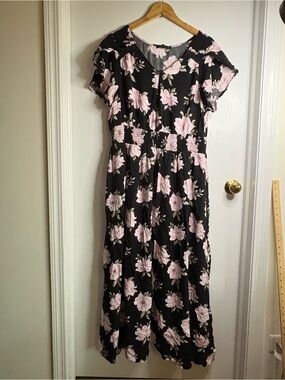 Always Indigo Sz 2X Floral Midi Dress V-Neck Flutter Sleeve Boho Cottagecore